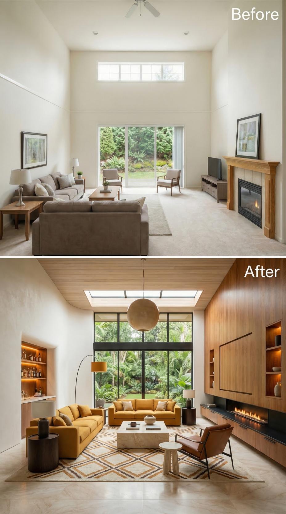 Warm Walnut Millwork and a Skylight Cut Displaced Carpet and Ceiling Fan