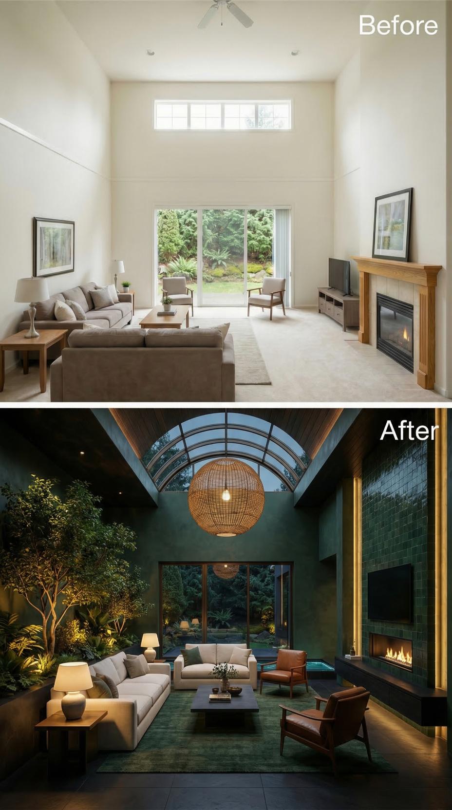 Dark Green Plaster, a Barrel Skylight, and Indoor Trees Replaced Builder Beige