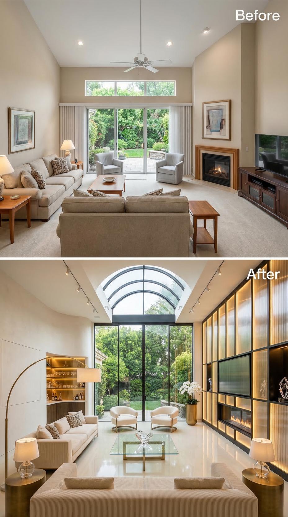 Arched Steel Glazing and Backlit Shelving Displaced Carpet and a Ceiling Fan