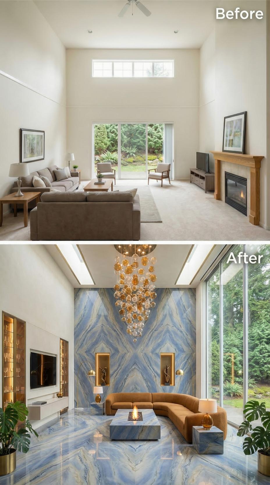 Blue Azul Marble, a Cascading Amber Chandelier, and Curved Velvet Displaced Safe Neutrals