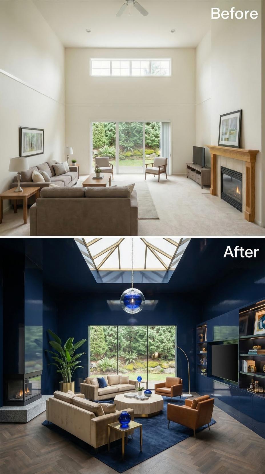 Glossy Navy Lacquer, a Skylight Lantern, and Cognac Leather Displaced Beige and Carpet