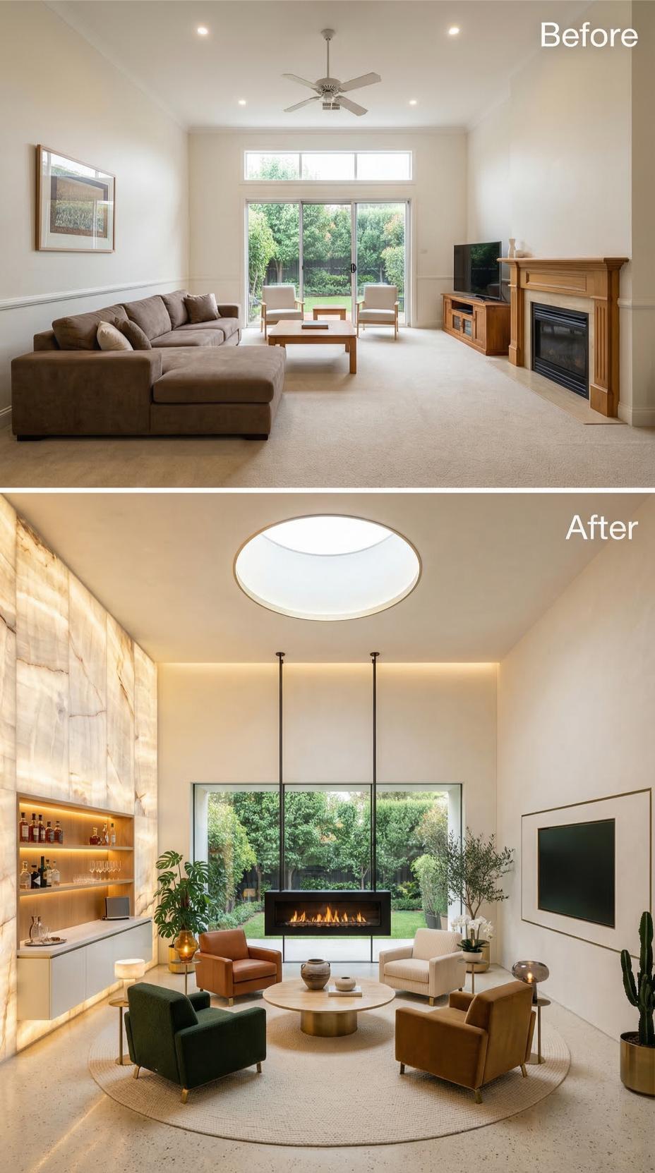 Onyx Wall, Oval Skylight, and a Suspended Fireplace Buried the Ceiling Fan Era