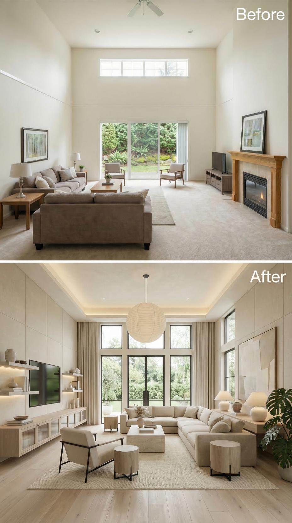 Carpet and Beige Walls Gave Way to Hardwood, Linen, and Indirect Light