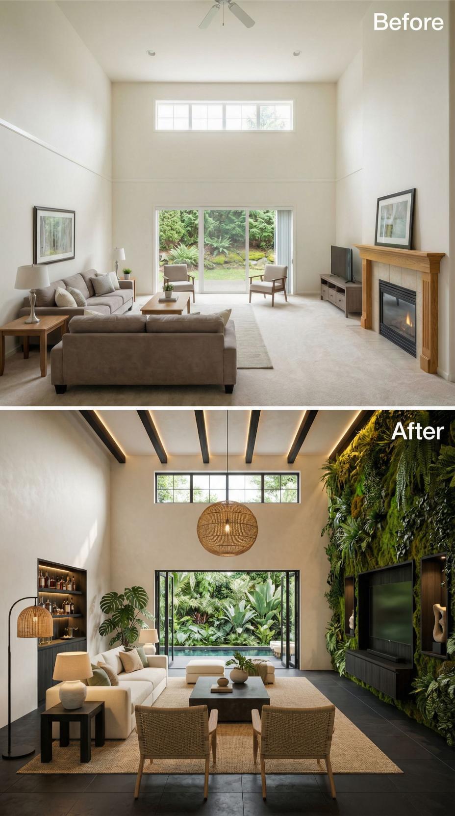 Exposed Black Beams, a Living Wall, and a Rattan Pendant Replaced Carpet and a Wood Mantel