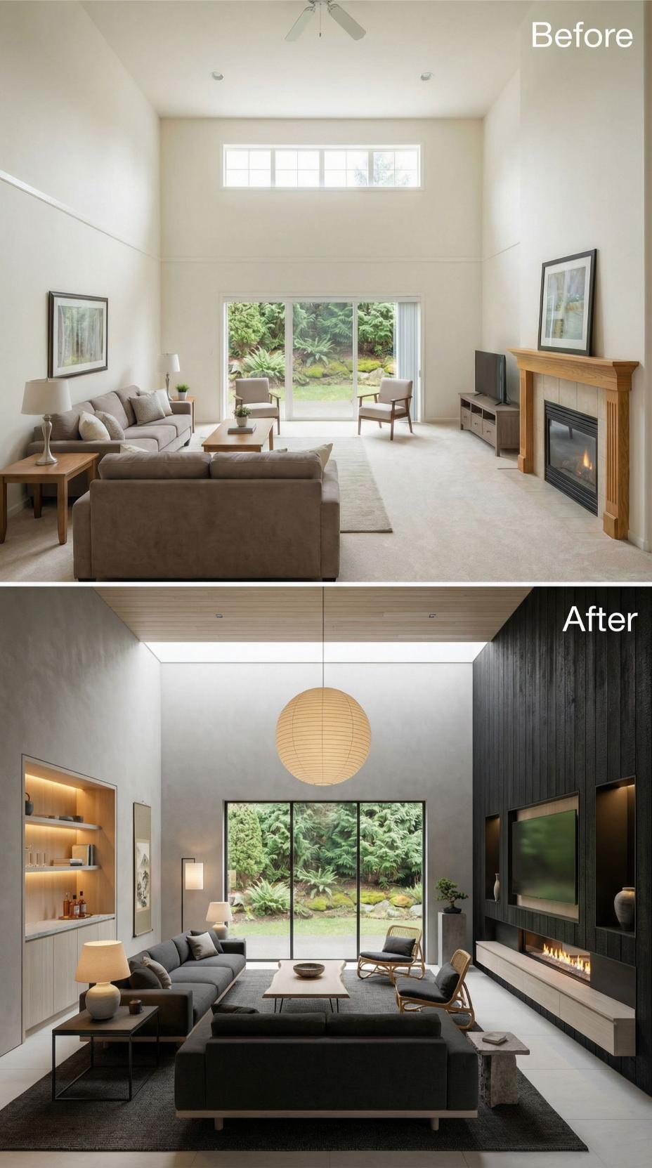 Charcoal Shiplap, a Linear Ribbon Fireplace, and Cove Lighting Buried Carpet and a Wood Mantel