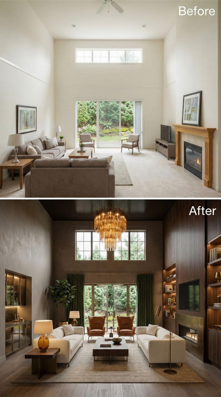 Walnut Slat Cladding, an Amber Tiered Chandelier, and Built-In Shelving Buried Carpet and a Wood Mantel