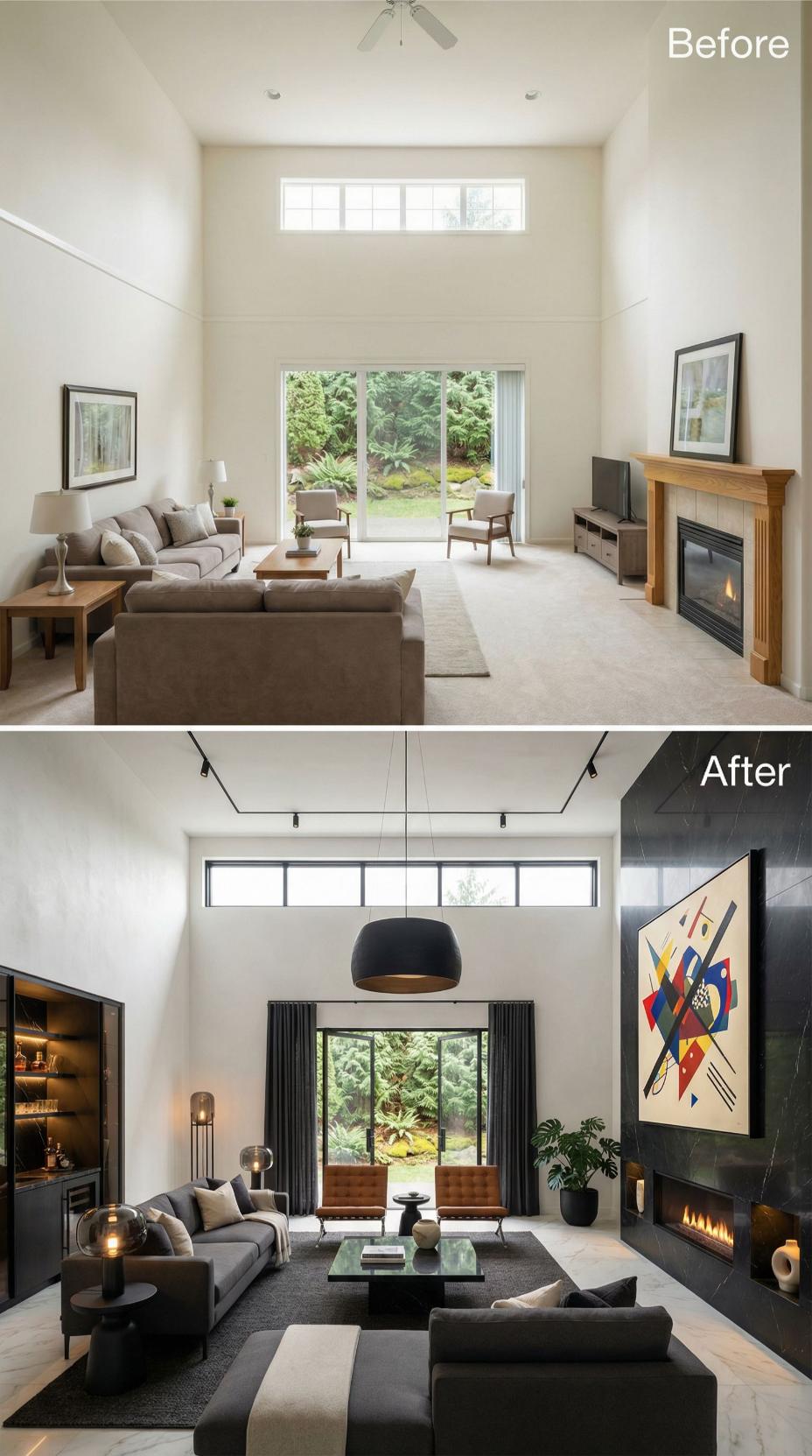 Black Marble Surround, Track Lighting, and a Bar Alcove Replaced Carpet and a Wood Mantel