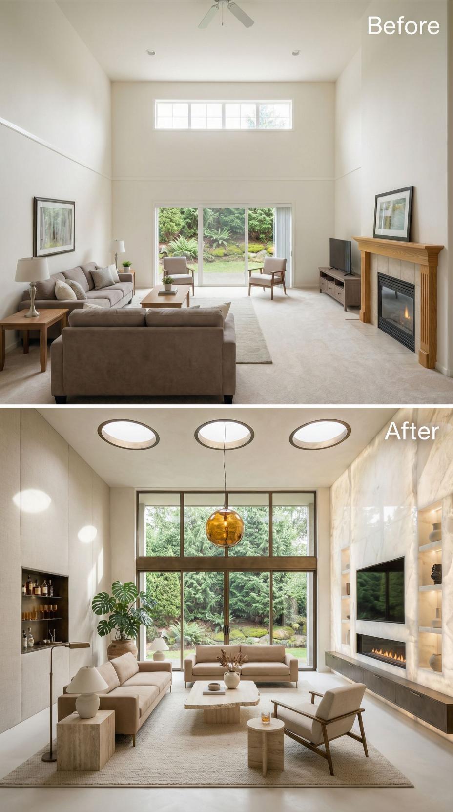 Oval Skylights, Travertine Tables, and a Marble Fireplace Wall Retired Carpet and a Ceiling Fan