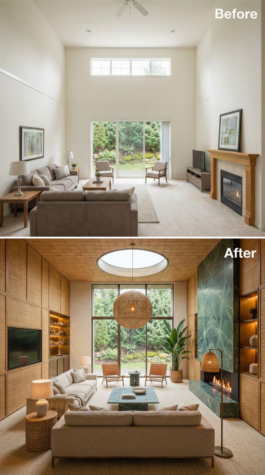 Rattan Wall Panels, an Oval Skylight, and Green Marble Buried a Ceiling Fan Room