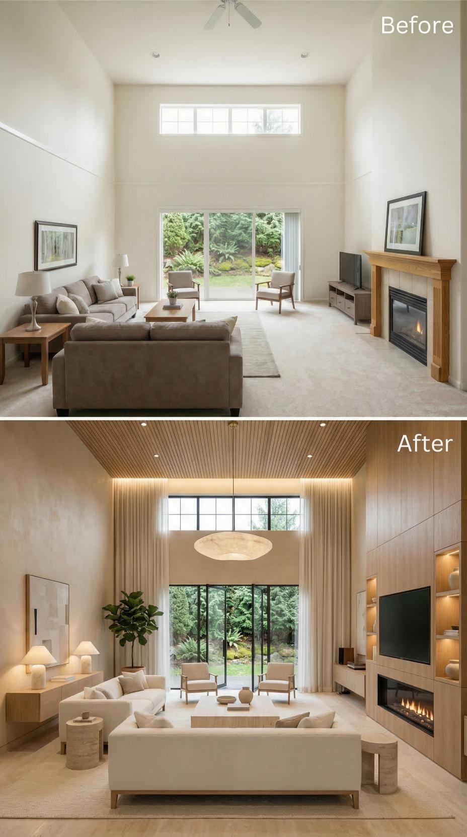 Slat Wood Ceilings and Built-In Shelving Replaced a Bare Expanse of White