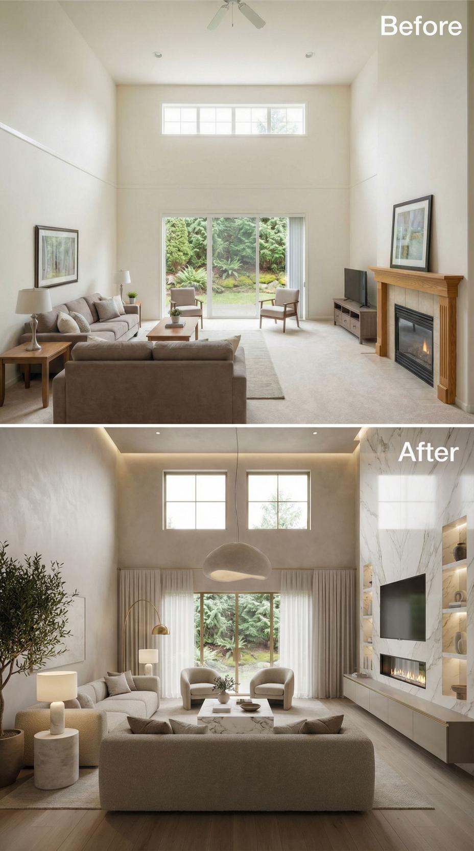 Marble Fireplace Wall, Cove Lighting, and Curved Sofas Retired a Ceiling Fan Room