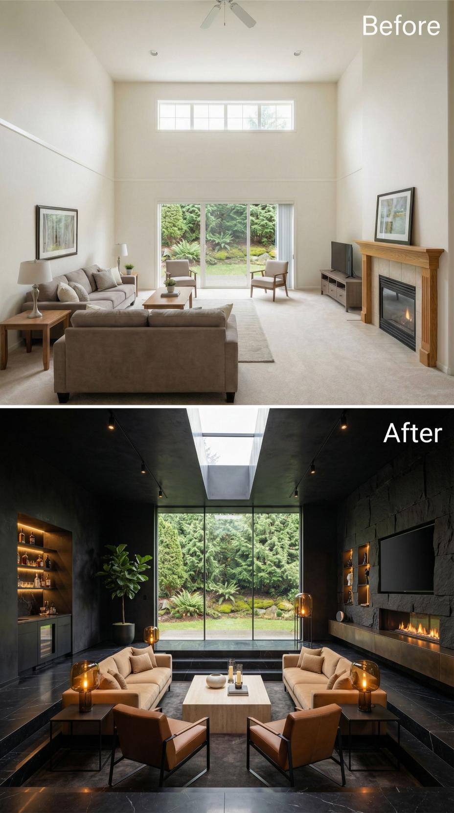 Sunken Seating, a Skylight Slot, and Dark Stone Replaced Beige Carpet and a Ceiling Fan