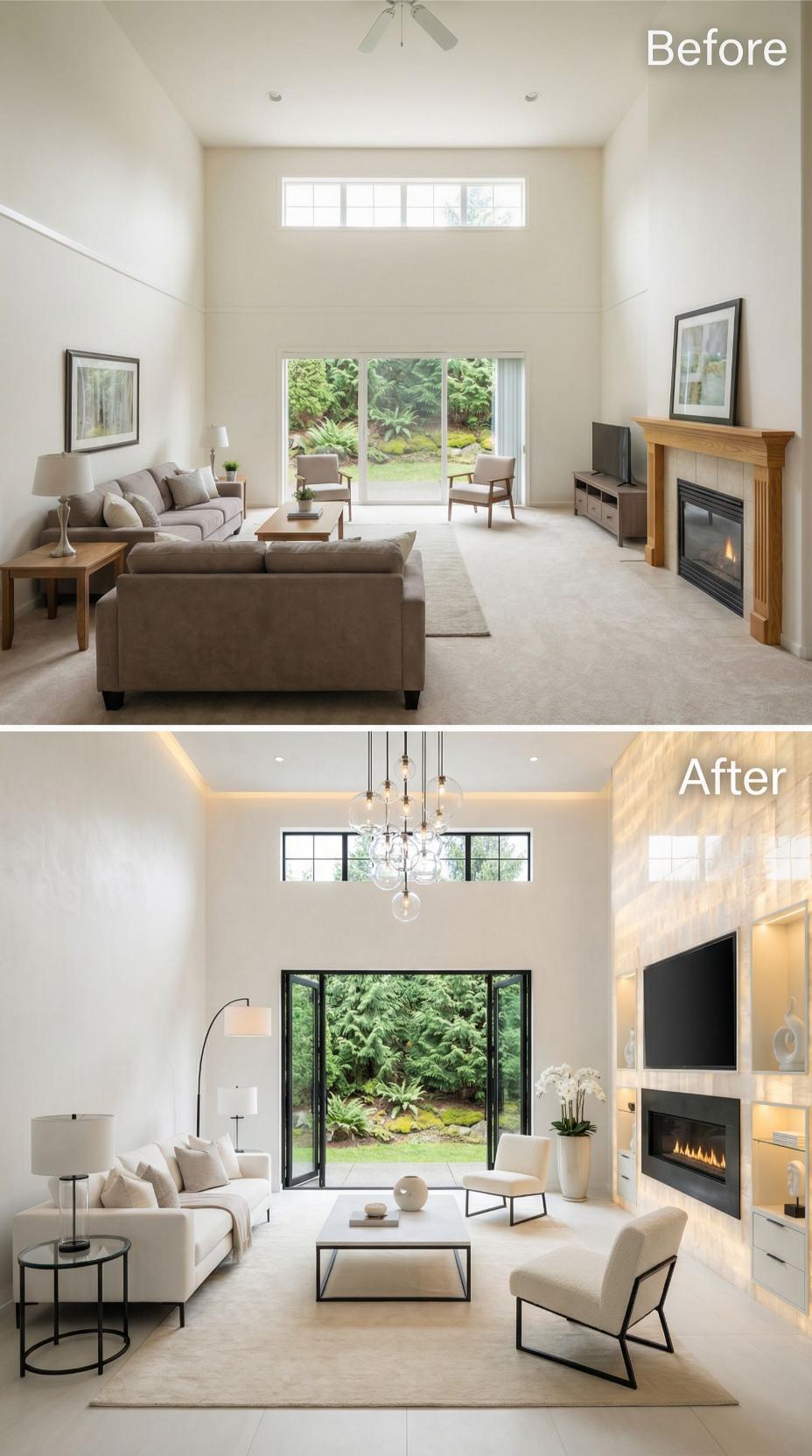 Bleached Stone Fireplace Wall, Bi-Fold Doors, and a Globe Chandelier Replaced Carpet and a Ceiling Fan
