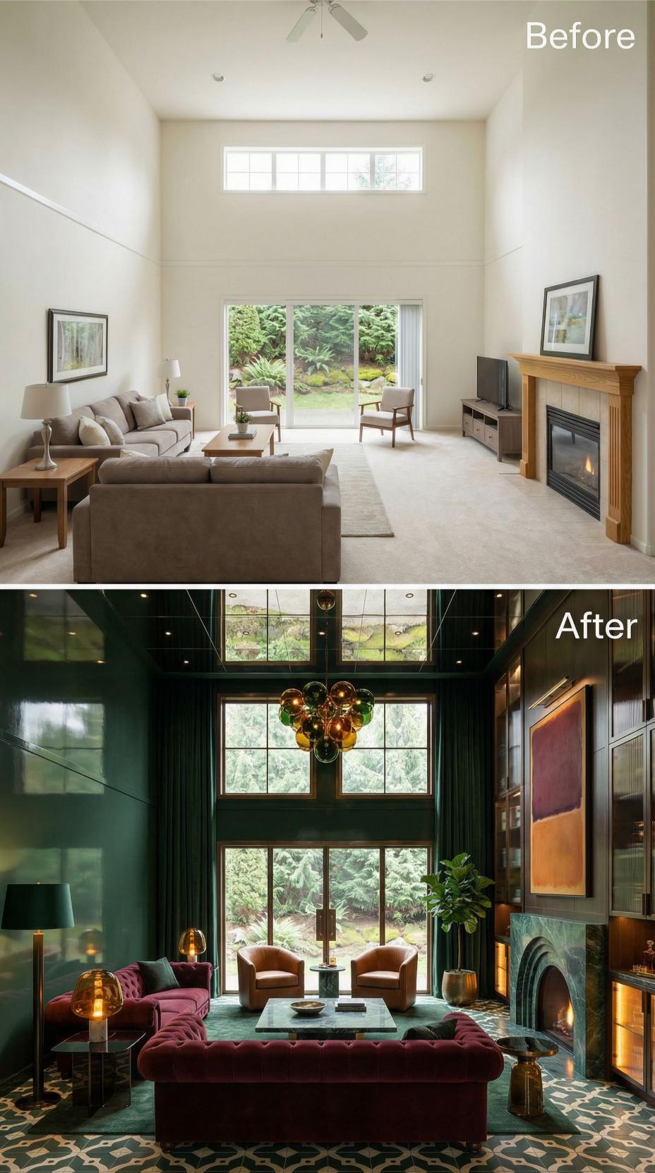 Deep Green Lacquered Walls, an Arched Marble Fireplace, and Velvet Sofas Buried Beige Carpet