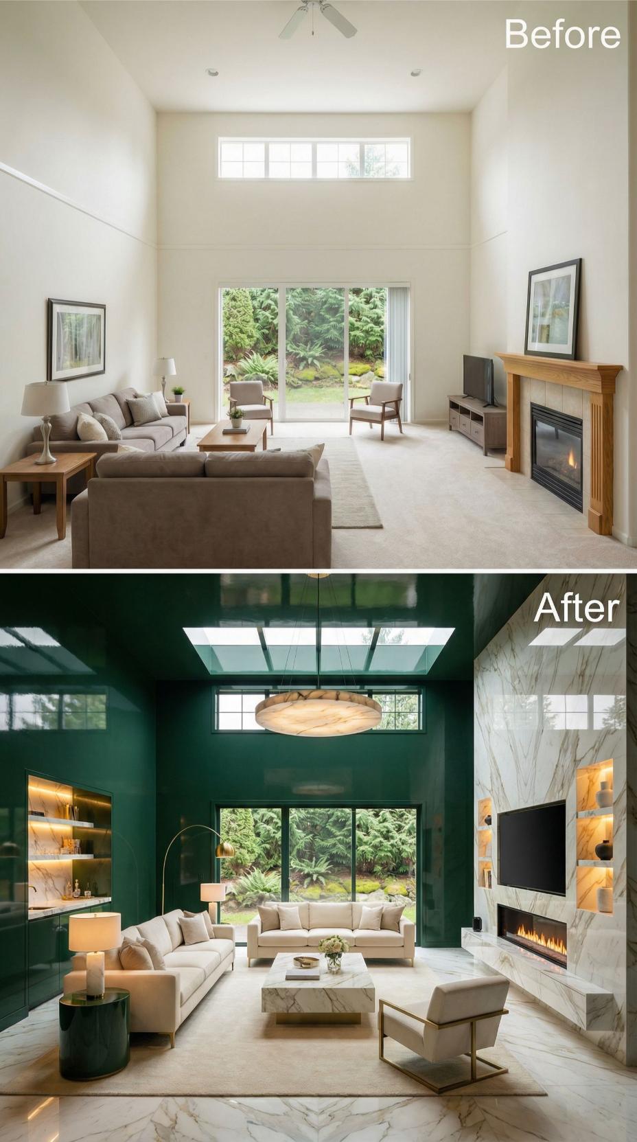 Emerald Lacquer Walls, a Marble Fireplace Wall, and Skylight Panels Buried a Ceiling Fan Room