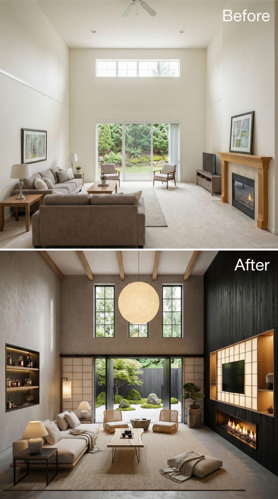 Shoji Screens, Exposed Ceiling Beams, and a Charred Wood Fireplace Wall Retired Beige Carpet