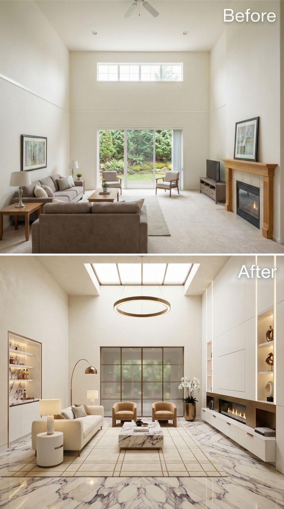 Skylights, Marble Floors, and Built-In Shelving Replaced Carpet and a Ceiling Fan