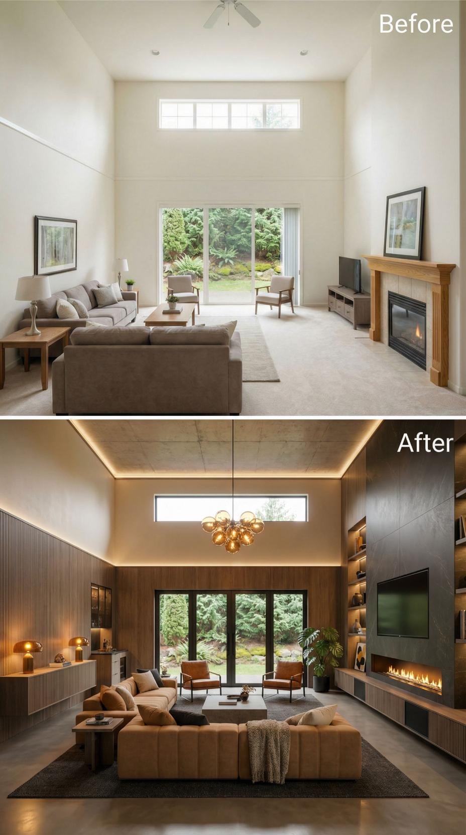 Cove Lighting, Walnut Wall Panels, and a Linear Stone Fireplace Replaced Carpet and a Ceiling Fan