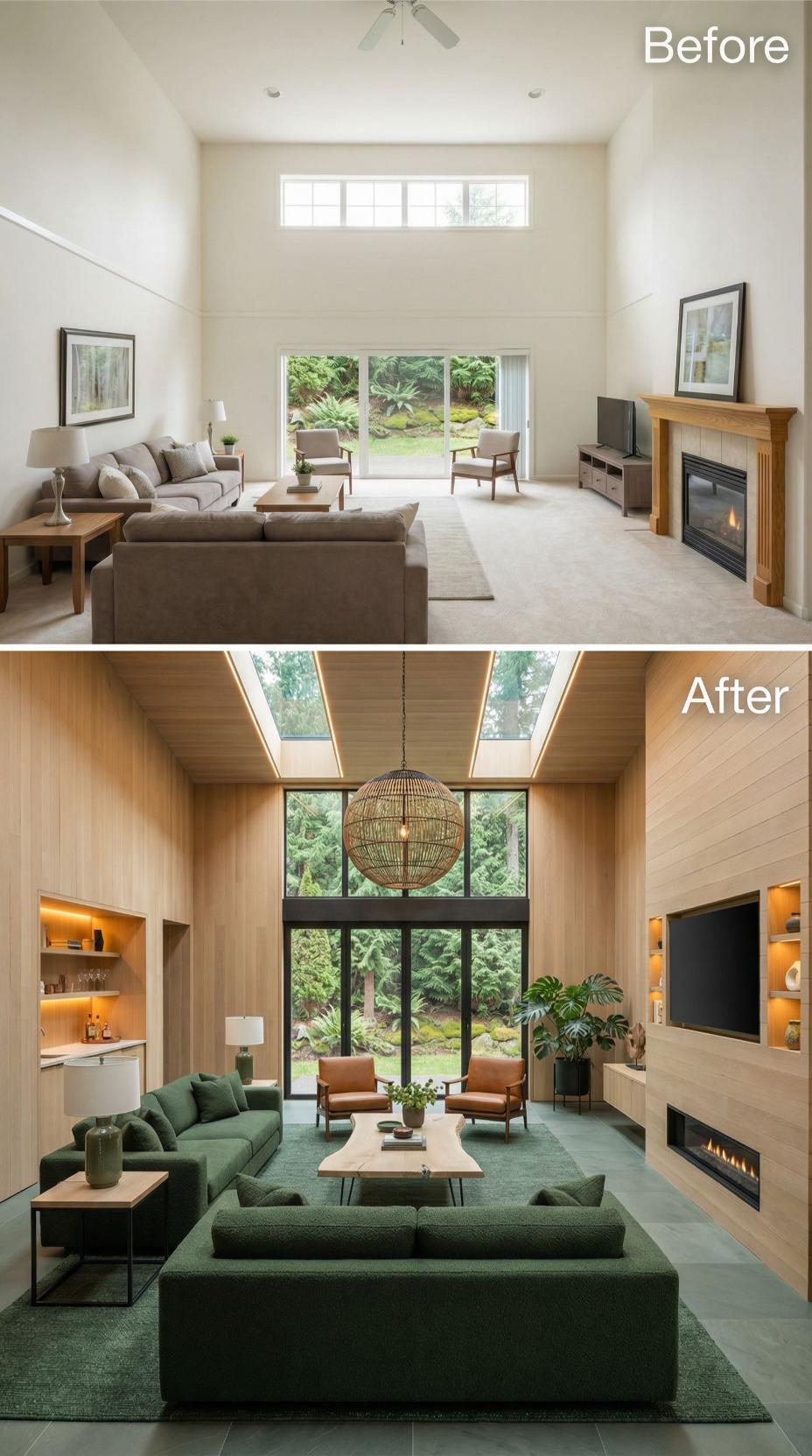 Light Wood Cladding, Skylights, and a Linear Fireplace Buried Carpet and a Ceiling Fan