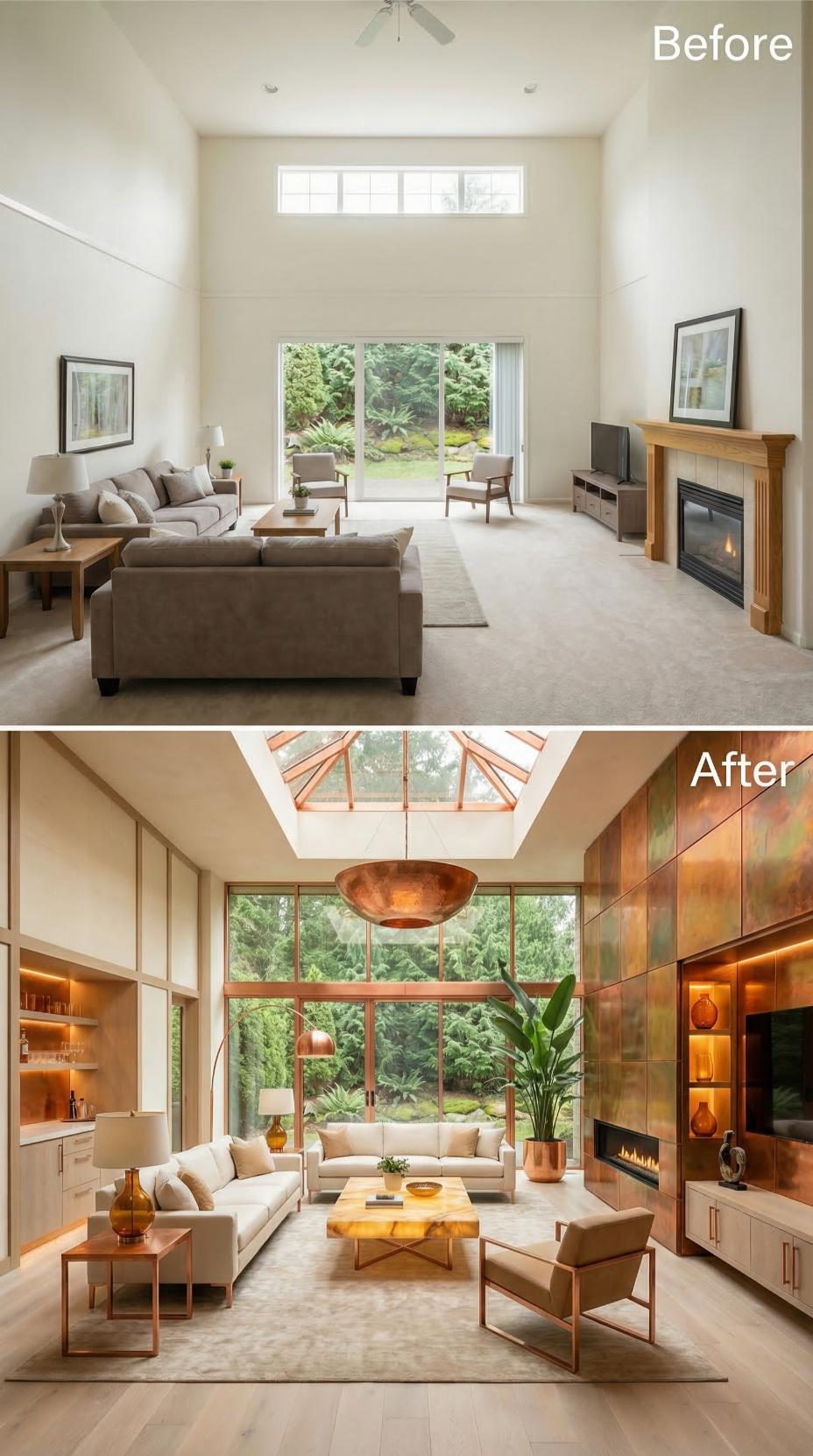 Copper Wall Panels and a Lantern Skylight Replaced Bare Beige and Carpet
