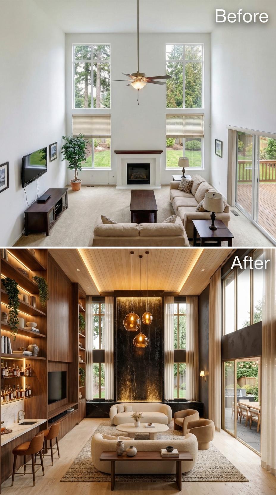 Walnut Built-Ins and Backlit Water Feature Replace Sterile White Box