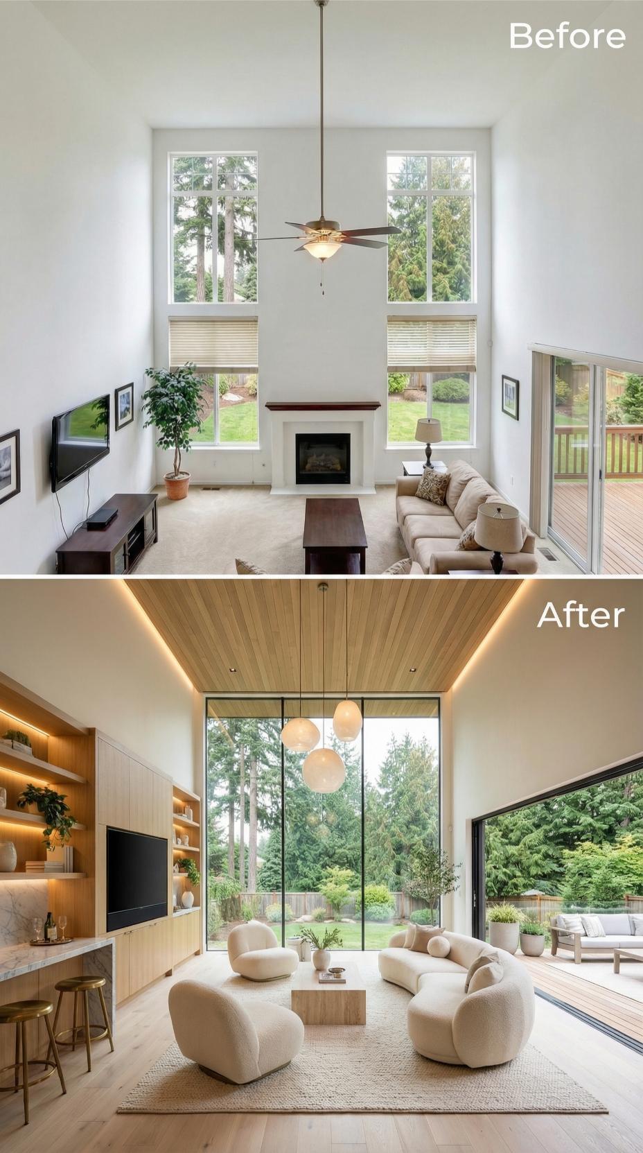 Tongue-and-Groove Ceiling Inset and Black-Framed Glass Wall Replace Traditional Windows