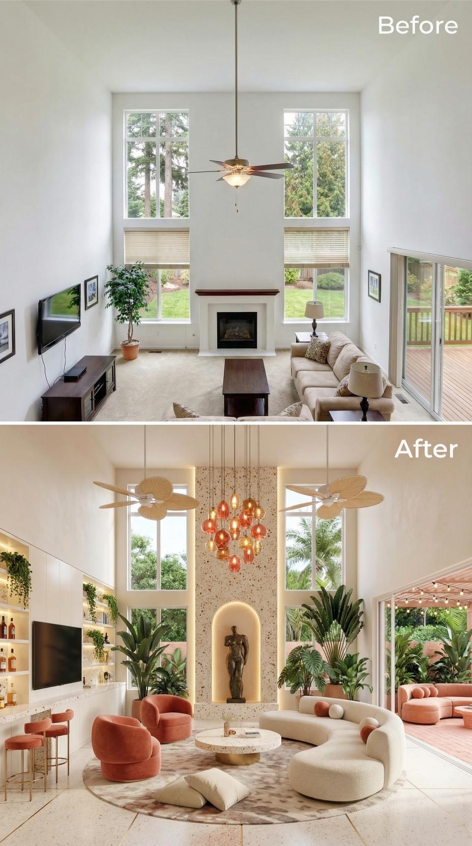 Terrazzo Accent Wall with Arched Niche and Coral Velvet Swivel Chairs