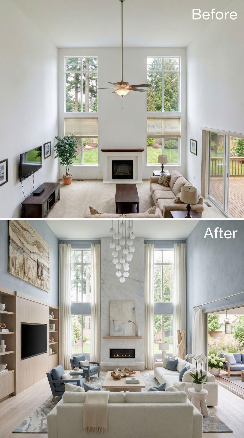 Tiered Pendant Chandelier and Marble Surround Replace Brass Ceiling Fan