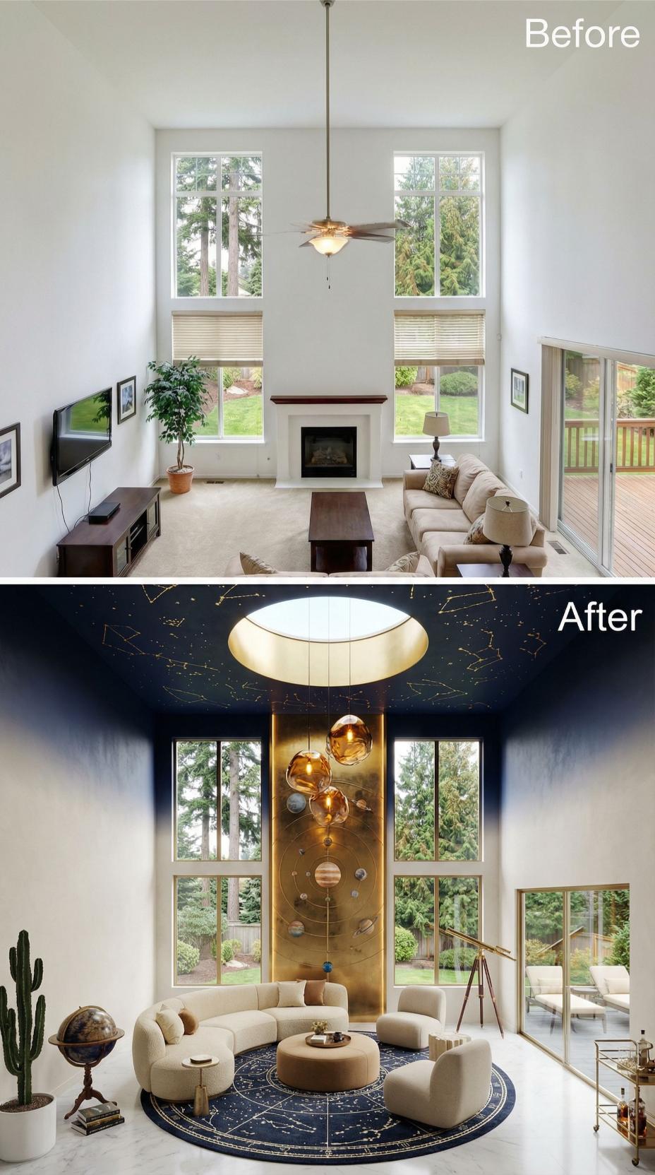 Celestial Ceiling Mural and Brass Solar Mobile Suspend Over Navy Star Chart