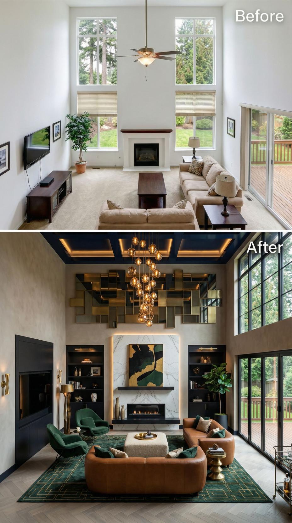 Coffered Ceiling with Brass Accents and Sculptural Mirror Wall Transform Neutral Gallery
