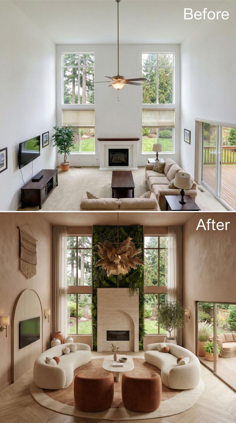 Living Green Wall and Travertine Arch Transform Two-Story Great Room