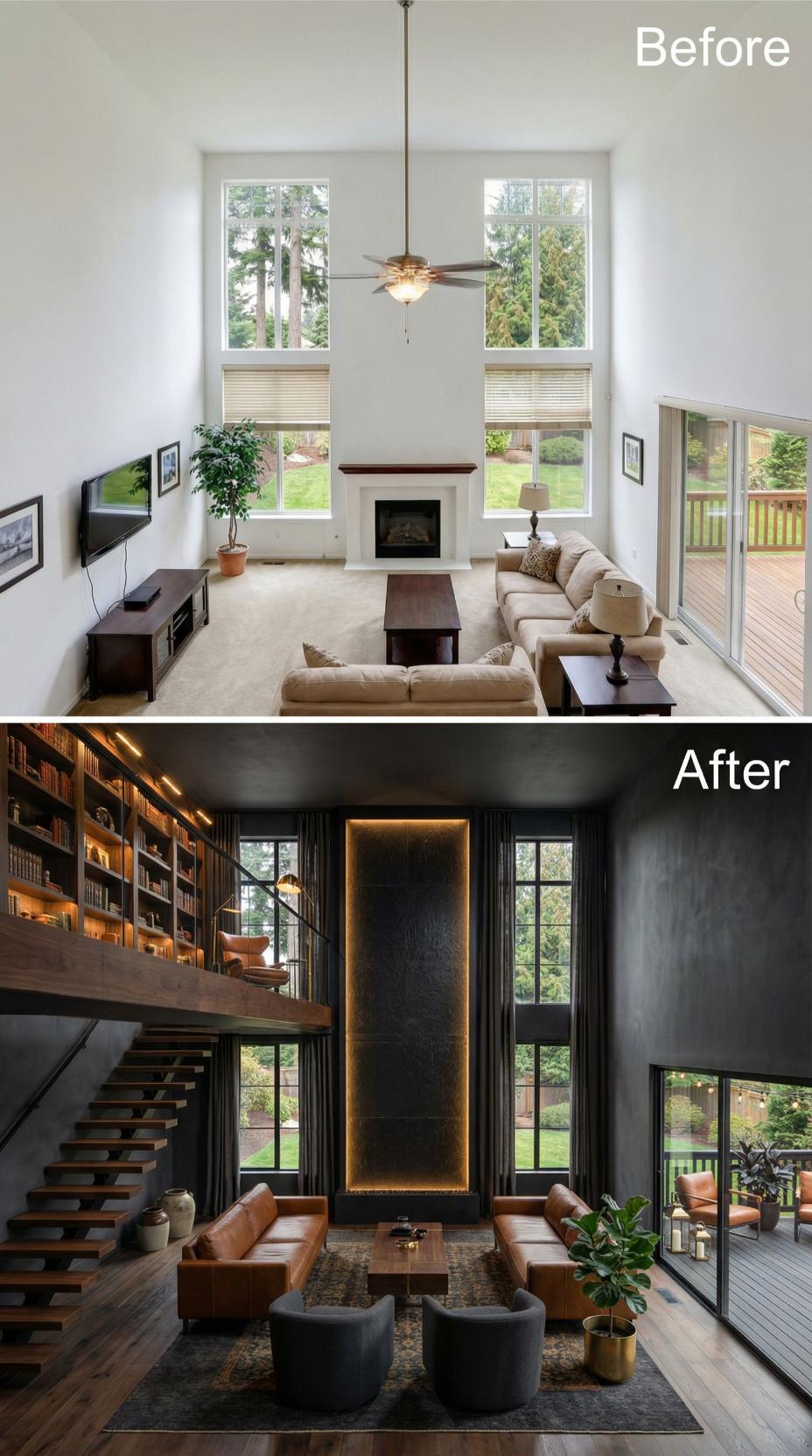 Charcoal Paneling and Floating Library Loft Replace Builder-Grade Two-Story