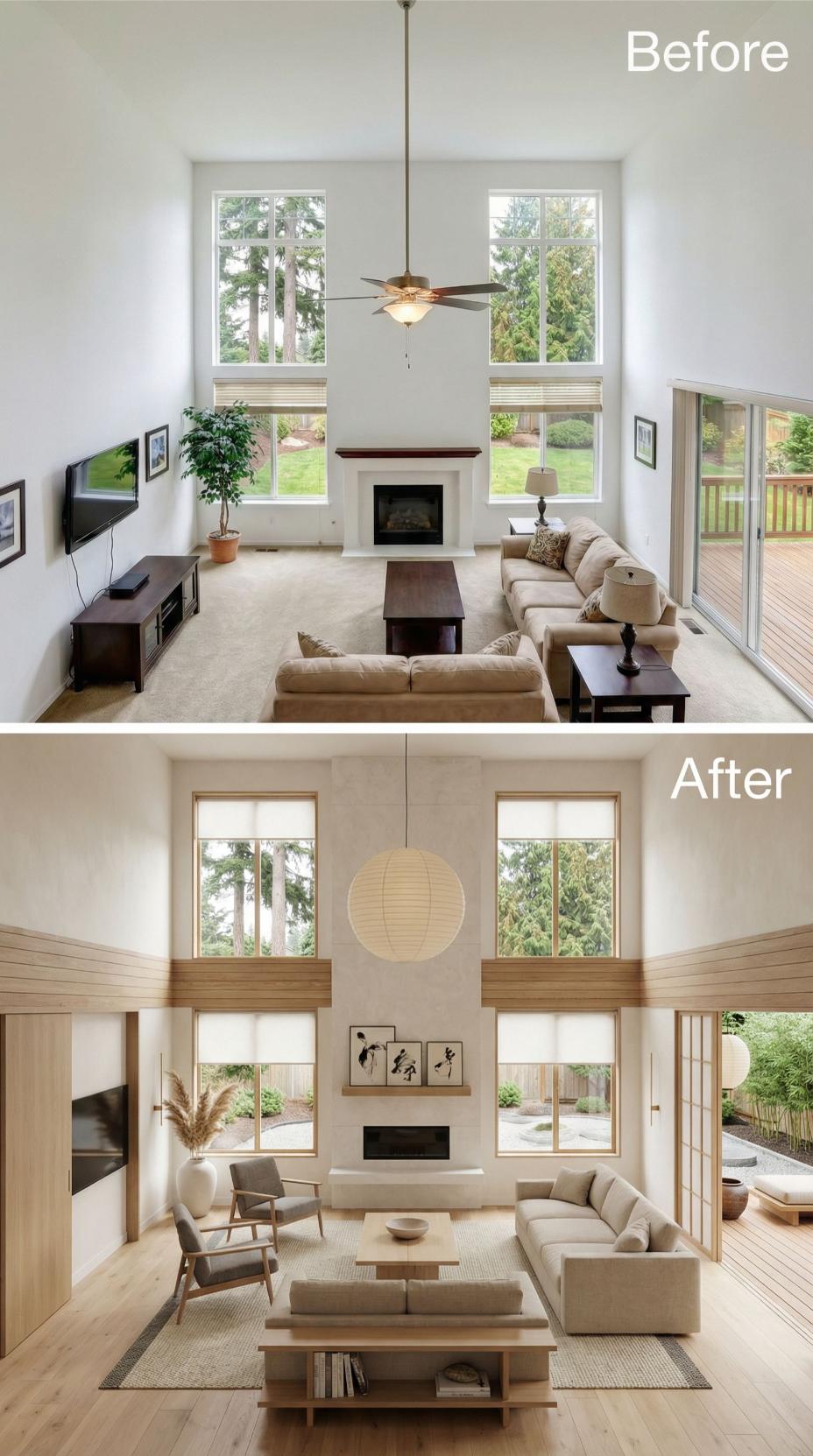 Japanese Minimalism Reshapes Two-Story Volume with Natural Oak and Paper Lanterns