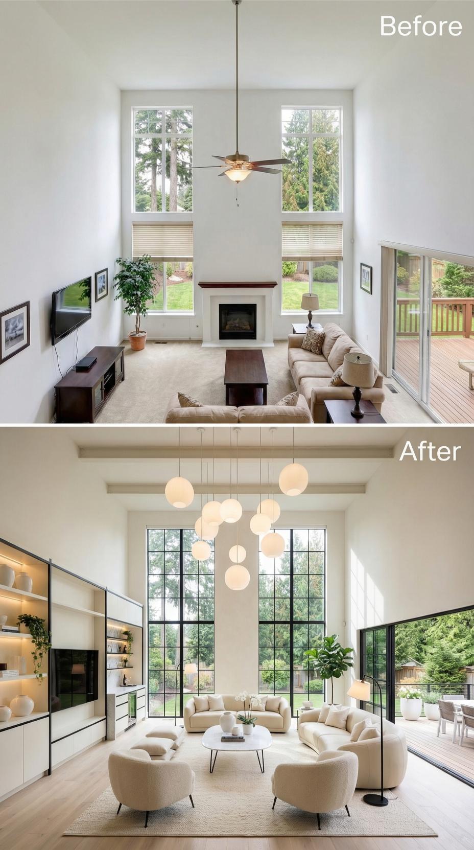Traditional Fireplace Replaced by Floor-to-Ceiling Black Grid Windows