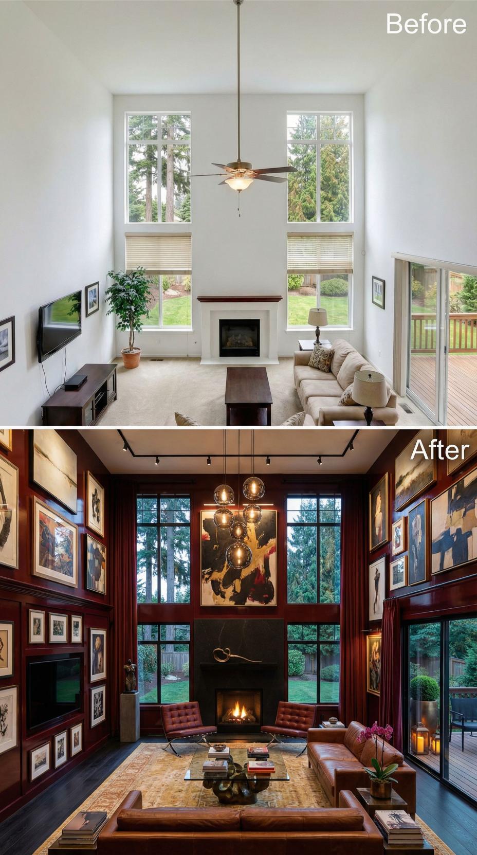Rich Mahogany Paneling and Gallery Wall Replace Two-Story White Volume