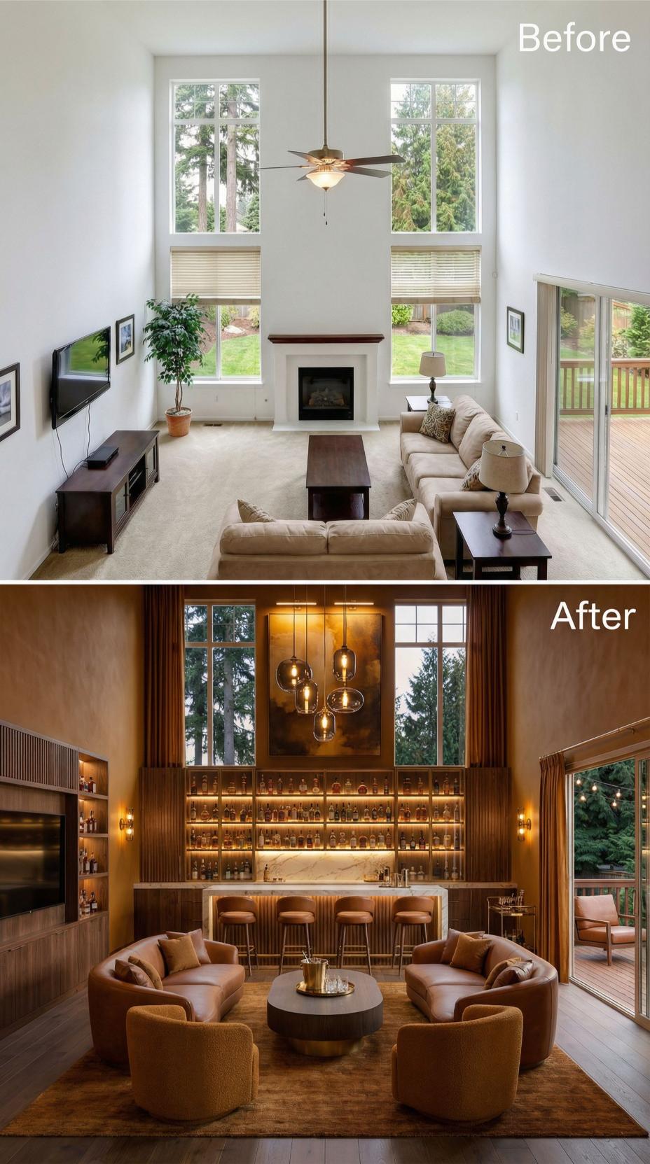 Amber Pendant Cluster and Backlit Bar Display Replace Suburban Fireplace