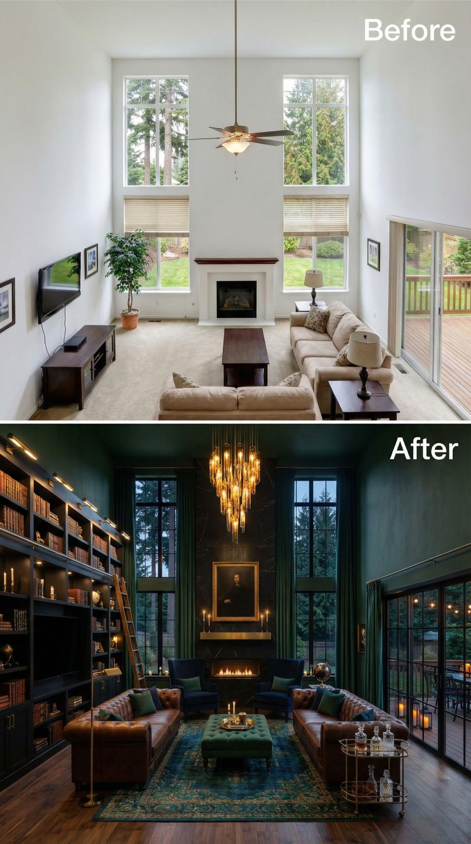 Emerald Wall Paneling and Cathedral-Style Windows Replace Builder White