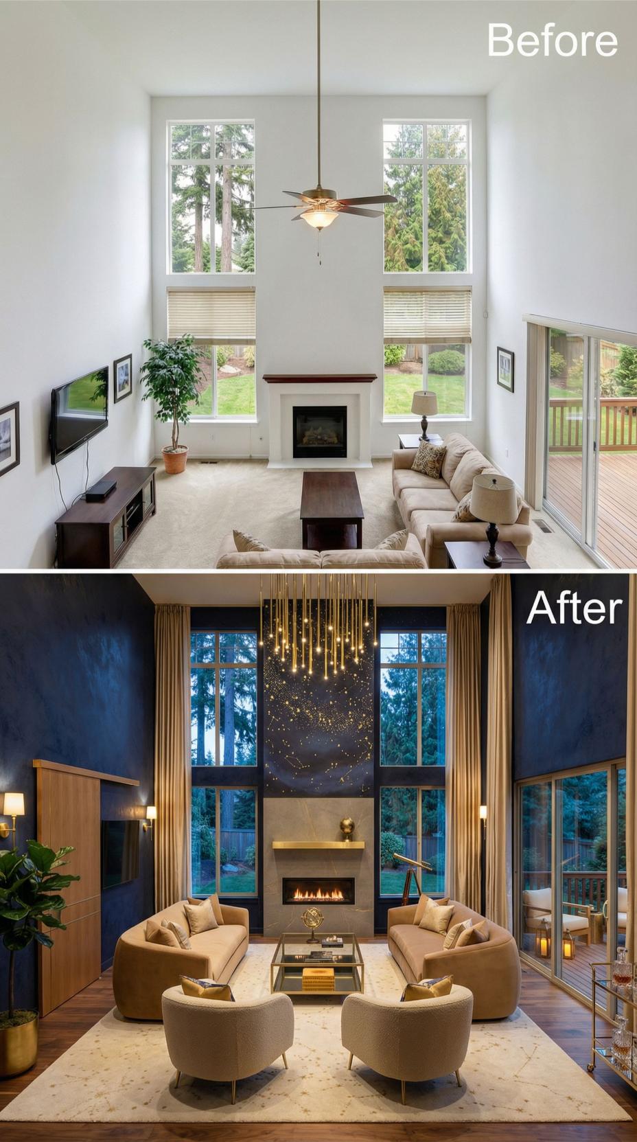 Navy Lacquer Walls and Cascading Tubular Pendants Frame Galactic Artwork