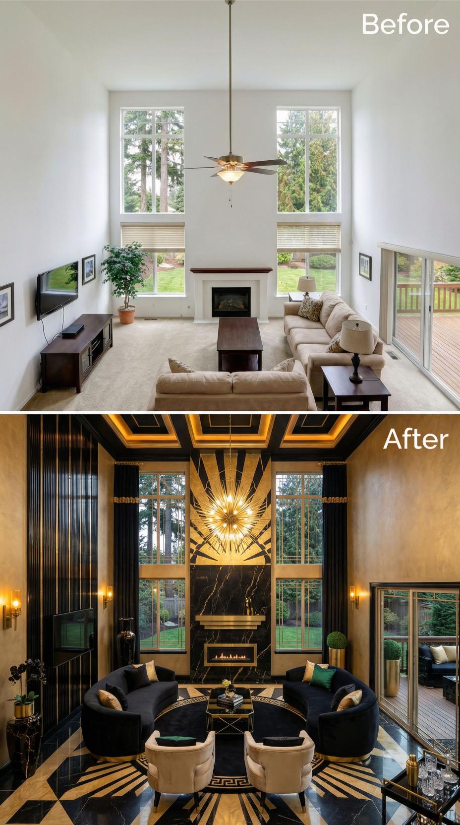 Gilded Art Deco Geometry and Black Marble Fireplace Surround