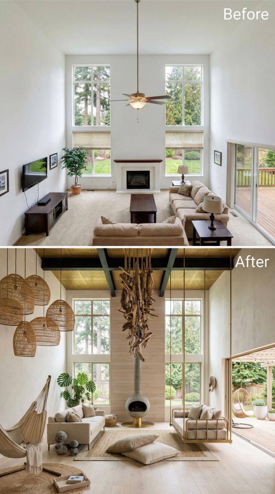 Woven Rattan Pendants and Driftwood Sculpture Replace Ceiling Fan