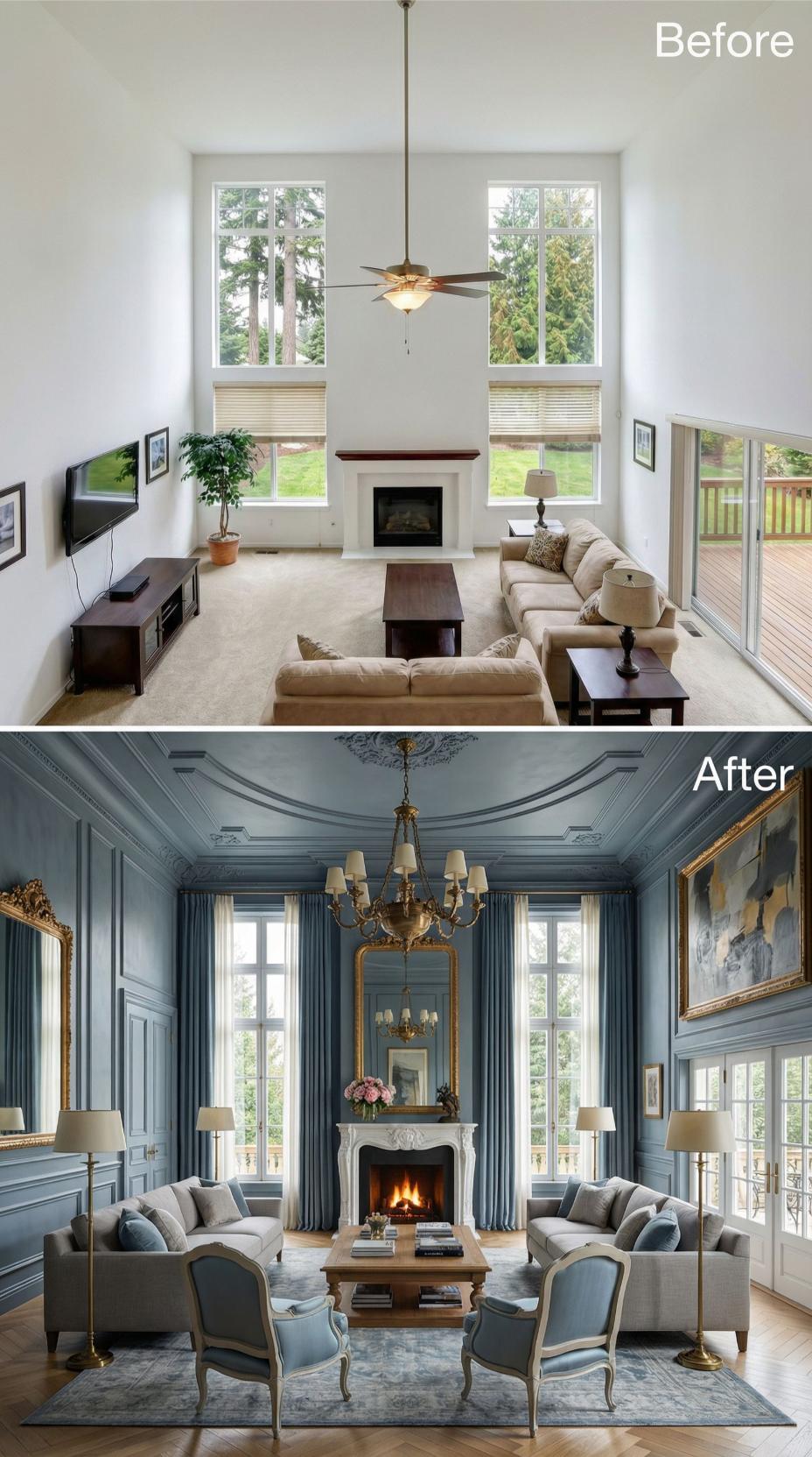 French Blue Millwork and Ornate Plaster Ceiling Replace Beige Neutrality