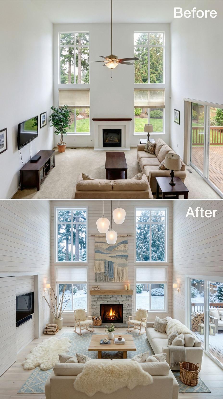 Horizontal Shiplap and Stone Surround Replace Beige Carpet Era