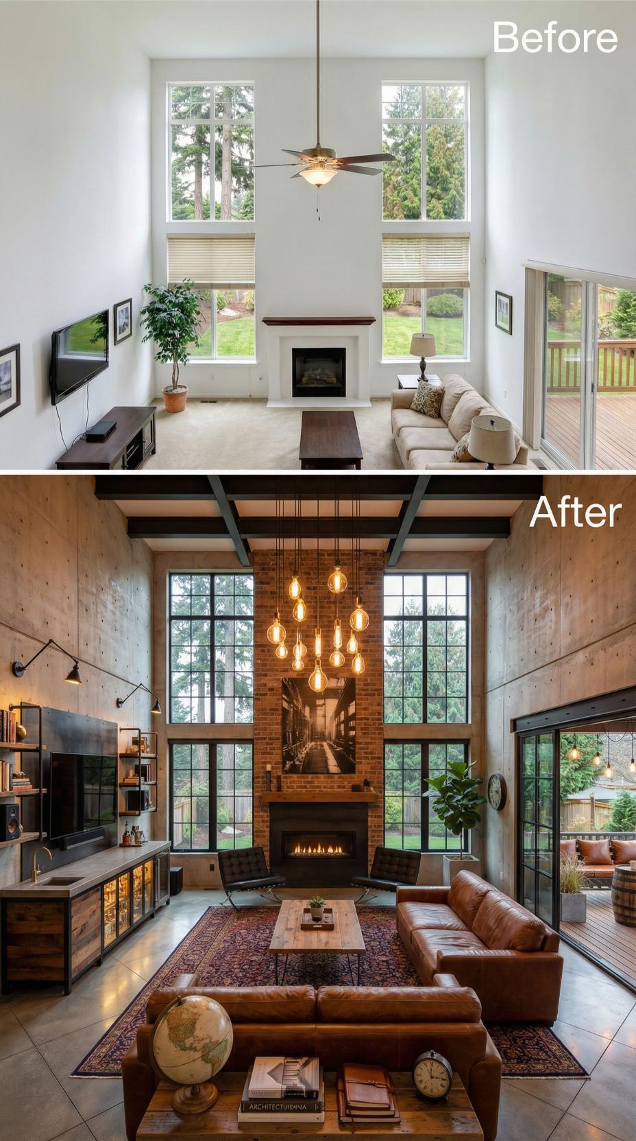 Exposed Brick Fireplace and Industrial Beams Replace Suburban Neutrals