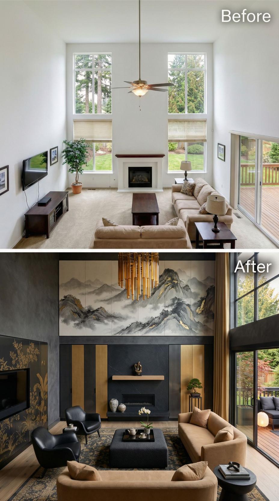 Gold Vertical Banding and Misty Mountain Mural Transform White Fireplace Wall