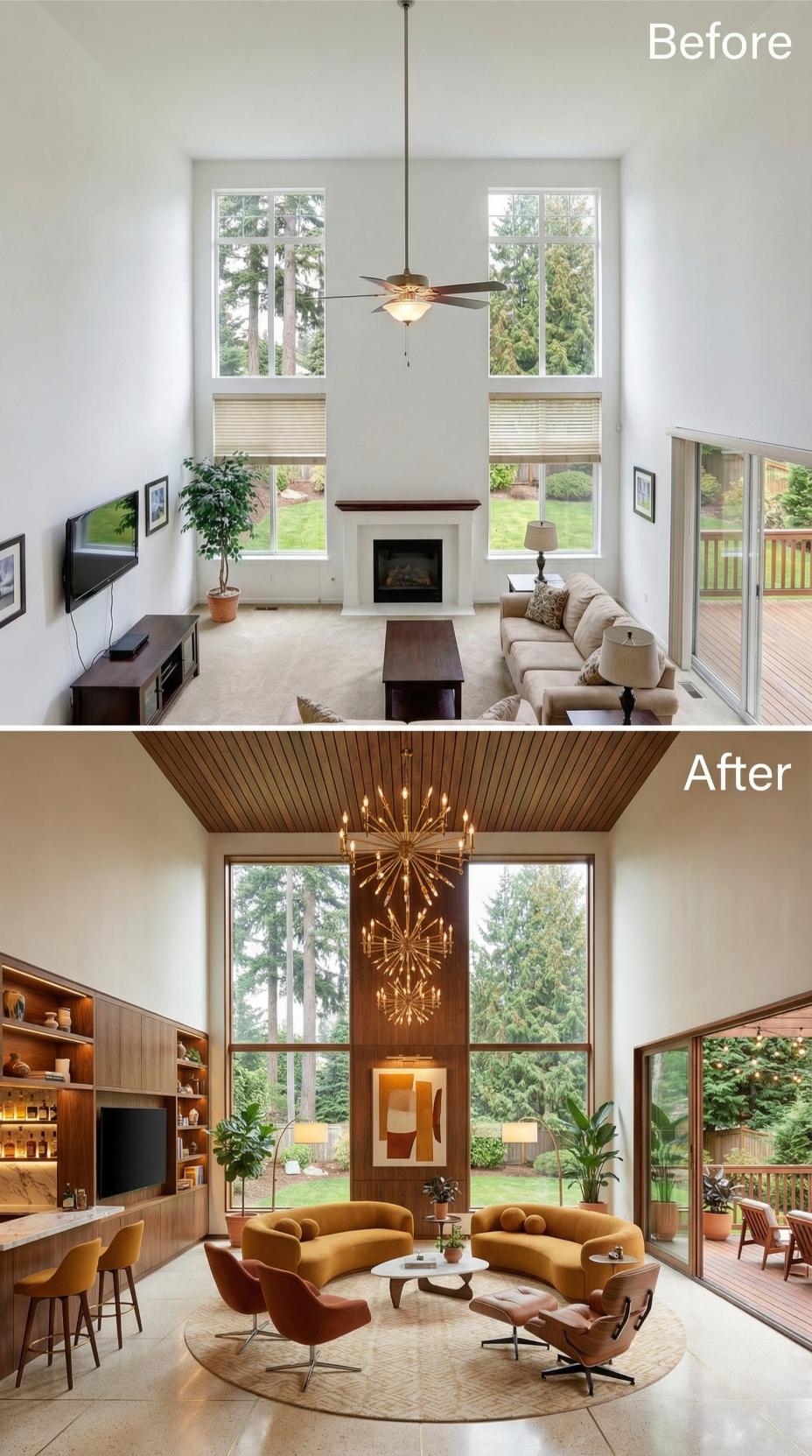 Mid-Century Modern Makeover with Wood Slat Ceiling and Curved Seating