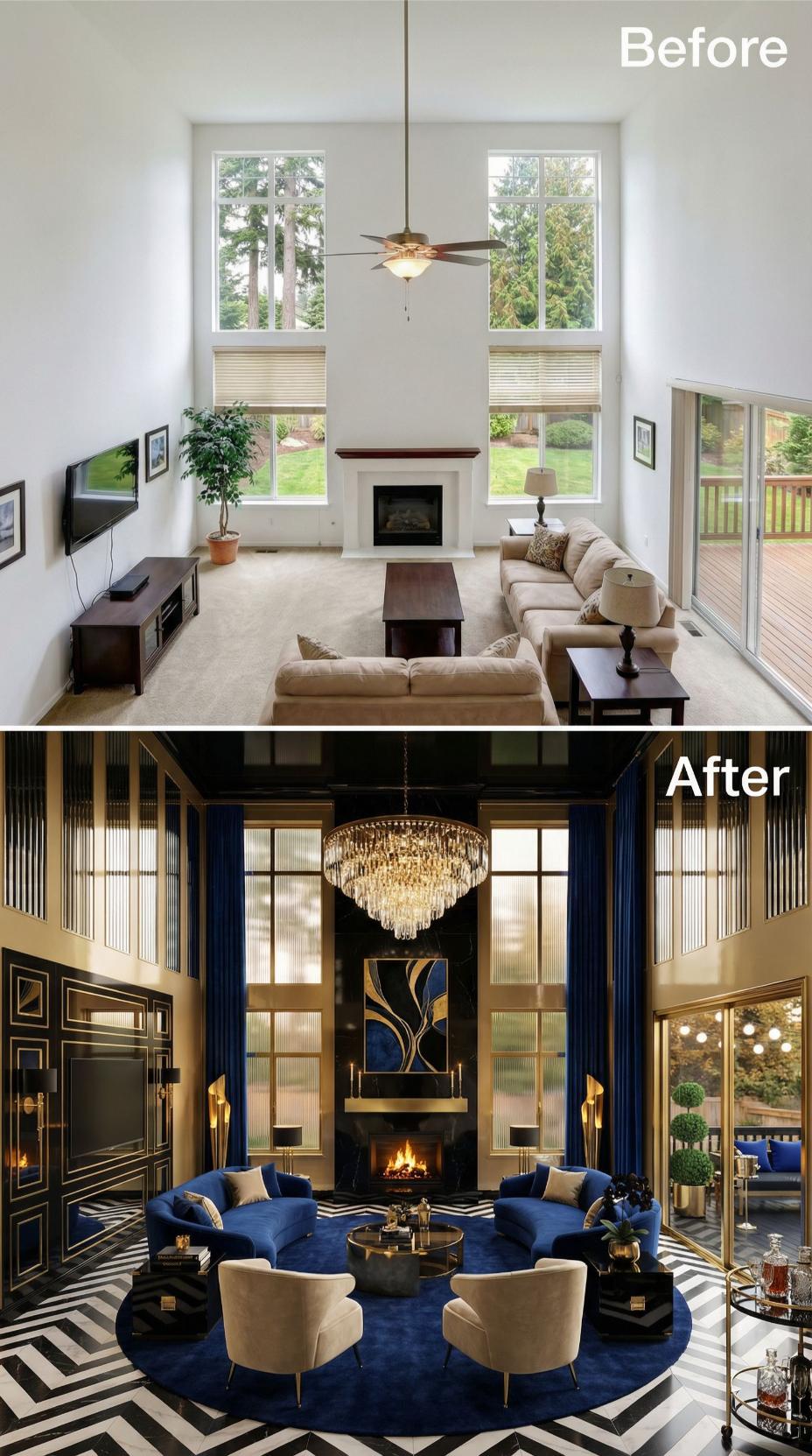 Crystal Chandelier and Navy Velvet Lounges Anchor Art Deco Drama