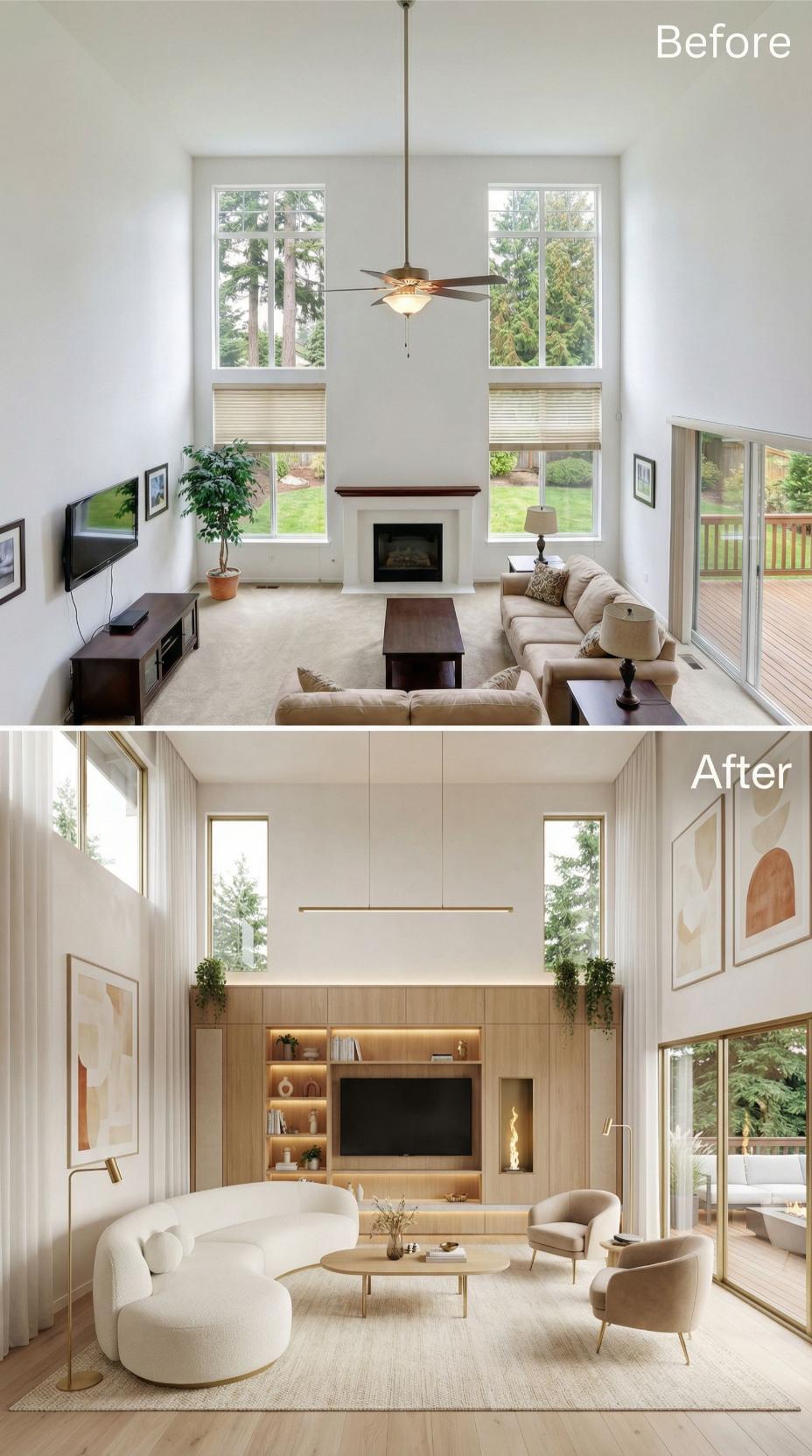 Built-In Wall Unit and Curved Sofa Replace Ceiling Fan Living Room