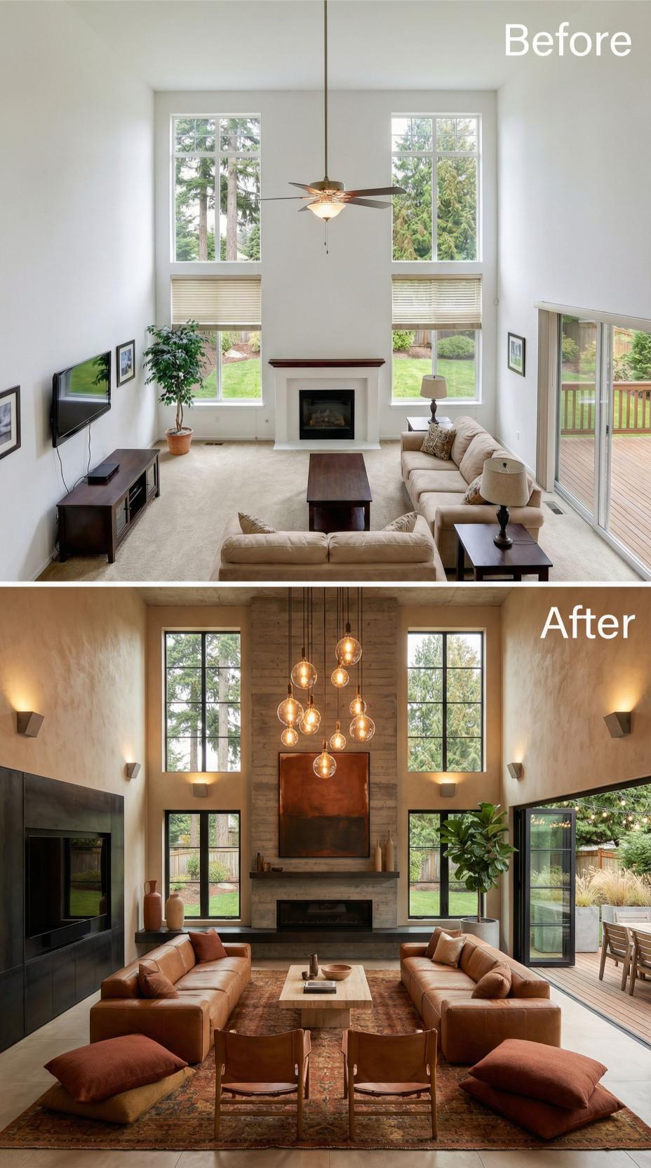 Amber Pendant Cluster and Horizontal Wood Planks Frame Copper Mantel