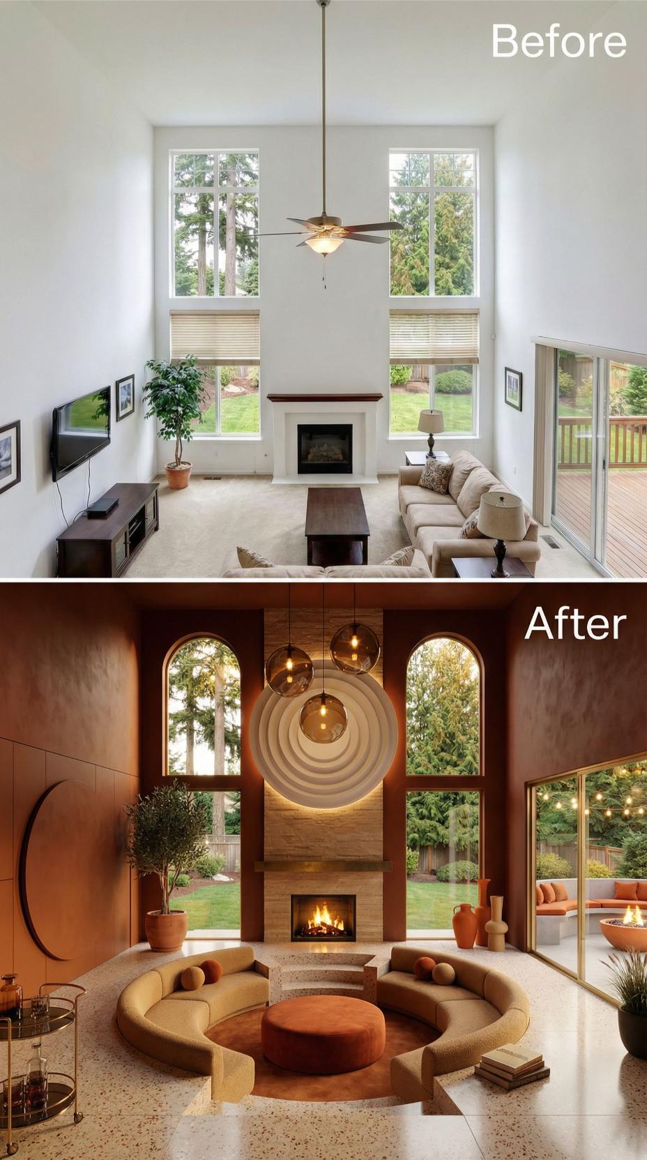 Terrazzo Flooring and Circular Conversation Pit Replace Beige Carpet