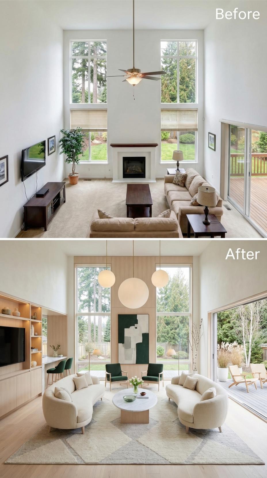 Sculptural Pendant Globes and Custom Built-In Wall Replace Dated Fireplace